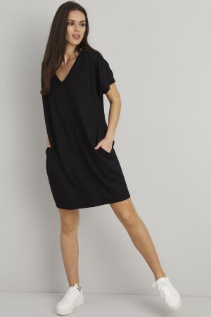 Schwarzes T-Shirt-Kleid mit bedruckten Taschen für Damen - 2