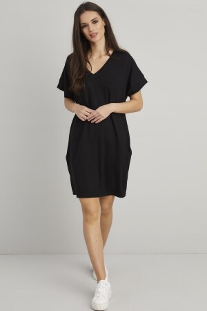 Schwarzes T-Shirt-Kleid mit bedruckten Taschen für Damen - 4