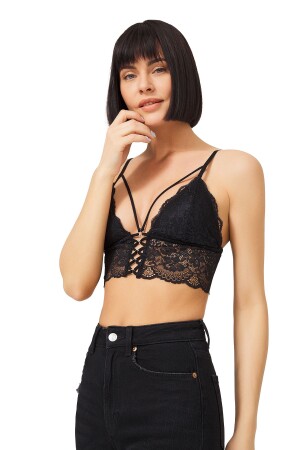 Schwarzes Triangel-Bralette-Bustier aus schwarzer Spitze mit dünnen Trägern für Damen - 1