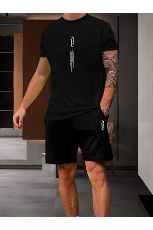 Schwarzes, vertikal bedrucktes Oversize-Shorts-T-Shirt-Set für Herren - 1