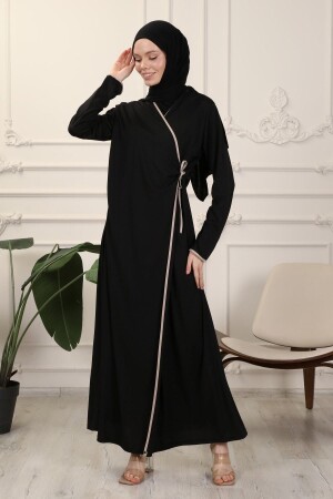 Schwarzes zweireihiges Abaya-Gebetskleid mit Kragenpaspelierung und flexiblem Interlock-Stoff - 1