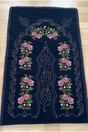 Schwarz*roter Mitgift-Leinwand-Gebetsteppich aus 100 % Baumwollleinen mit Etamine-Stickerei - 4