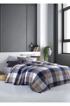 Scotch blau-beiger Bettbezug für Doppelbett, 200 x 220 cm, Bezug für Sessel, Bett, Sofa, Baumwolle, gewebt, Mk-16004 - 2