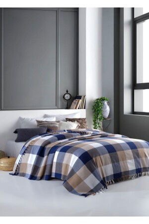 Scotch blau-beiger Bettbezug für Doppelbett, 200 x 220 cm, Bezug für Sessel, Bett, Sofa, Baumwolle, gewebt, Mk-16004 - 1