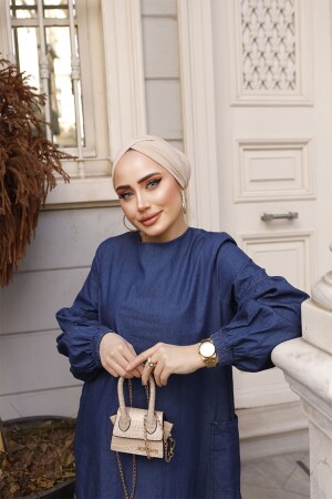 Seitlich geknöpftes Hijab-Jeanskleid mit Ballonärmeln Fdl1001-1 Dunkelblau - 2