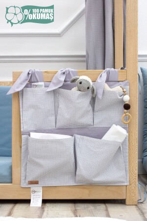 Seitlicher Organizer für das Kinderbett für Neugeborene – Babyzimmer-Organizer mit 5 Fächern – Kariertes Muster – Svalbard-Serie - 1