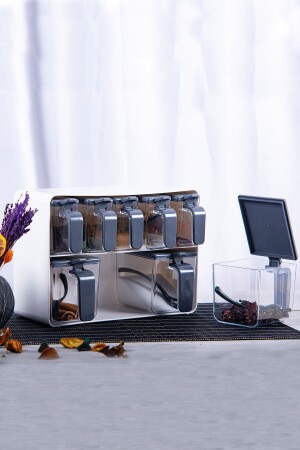 Sekizli Standlı Baharatlık Seti Gri Beyaz - 161280-815 - Herevin