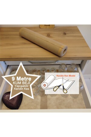 Selbstklebender Schubladen-Organizer/Regalabdeckung, rutschfest, sandbeige, antibakterieller Stoff, 9 m, selbstschneiden - 2