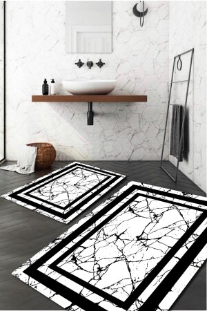 Şerit Detaylı Mermer Desenli 2'li Banyo Paspas Takımı (60x100-40x60) - Wlly217 - 1