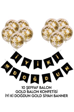 Set „Alles Gute zum Geburtstag“ mit schwarzem Blattgold-Bannertext und transparentem Ballonset mit goldenem Konfetti - 3