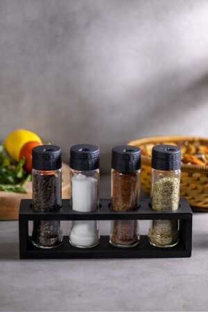 Set aus 4 Salz- und Pfefferstreuern und Gewürzstreuern aus Glas, schwarzer Holzständer, 105 ml Volumen, schwarzer Kunststoffdeckel. Salzstreuer-05 - 3