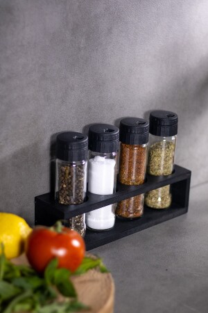 Set aus 4 Salz- und Pfefferstreuern und Gewürzstreuern aus Glas, schwarzer Holzständer, 105 ml Volumen, schwarzer Kunststoffdeckel. Salzstreuer-05 - 1