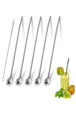 Set aus 6 Edelstahl-Chrom-Cocktailbarlöffeln mit Strohhalmen und Reinigungsbürste, Cocktailrührer, silberfarbenem Löffel und Strohhalmen - 2