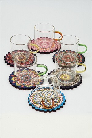 Set aus 6 Mini-Kaffeetassen aus farbigem Borosilikat-/hitzebeständigem Glas mit Griffen. und 6 Stück Authentic Wood KL311349 - 1