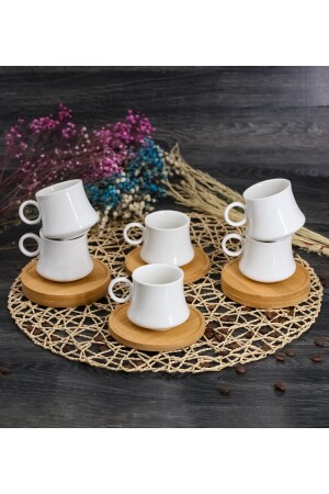 Set aus 6 türkischen Kaffeetassen aus Porzellan mit Untertassen aus Bambus, 12 Stück weiß Vega50109 - 4