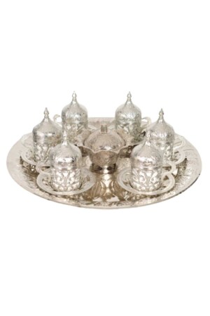 Set aus 6 türkischen Kaffeetassen mit Ottoman-Muster in Silber und Kupfer – Tablett mit Halter für türkische Köstlichkeiten, Tassenset İPEK63920000016 - İPEK BAKIRCILIK