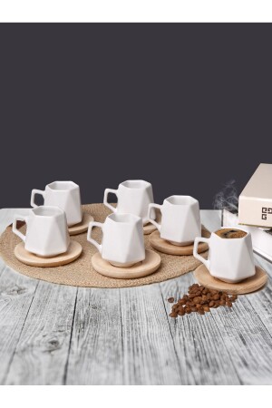 Set aus 6 weißen Prisma-Kaffeetassen mit Holzuntertasse - 2