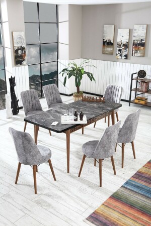 Set aus ausziehbarem Esstisch und Küchentisch aus schwarzem Marmor mit 6 Stühlen Alcsiyah-11 - 1