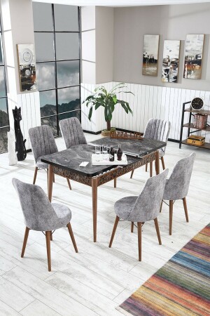 Set aus ausziehbarem Esstisch und Küchentisch aus schwarzem Marmor mit 6 Stühlen Alcsiyah-11 - 2