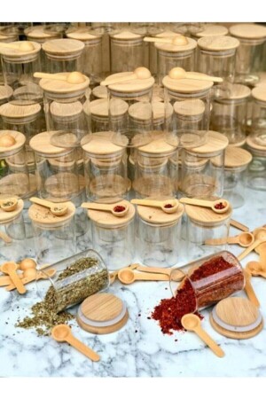 Set aus Gewürzgläsern und Löffeln aus Glas mit Bambusüberzug und 6 Holzlöffeln (mprn-231510134). - 3
