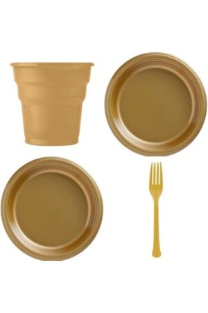 Set aus Teller, Becher und Gabel aus Kunststoff – Luxus-Geburtstagsset aus Kunststoff für 25 Personen – Gold CP-PLSSET-01 - 3