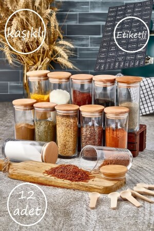 Set mit 12 Gewürzgläsern mit Holzdeckel, 300 ml und 12 Messlöffeln fbzhomell20d - 2