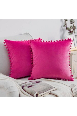 Set mit 2 Fuchsia Tiny Pompom Soft Textured Throw-Kissenbezügen – einfarbig – 2 Stück – skandinavisch-böhmischer Stil - 1