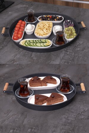 Set mit 2 Holzgriffen, 51 cm Metalltablett und 37 cm Tablett, Präsentationstablett für Tee, Kaffee, MİM2LİMETALTEPSIİ - 2