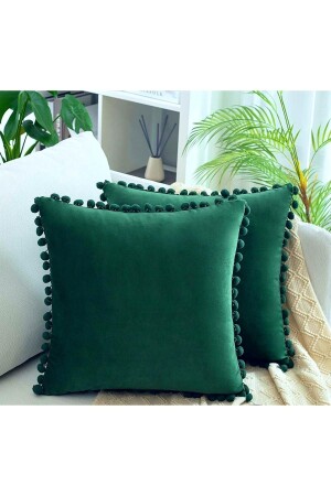 Set mit 2 kieferngrünen Tiny Pompom-Kissenbezügen mit weicher Struktur – einfarbig – 2 Stück – skandinavisch-böhmischer Stil - Bc Home