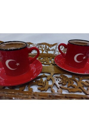 Set mit 2 Tassen, türkisches Flaggenmotiv, handgefertigt, 4-teiliges Kaffeetassen-Set Bfk- 009 - 4