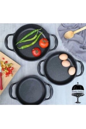 Set mit 3 Gusspfannen aus schwarzem Granit, 22 cm, 20 cm, 18 cm, Set mit 3 Gusseisenpfannen, MKİTCHEN-3LÜSAHAN-PAN - 1