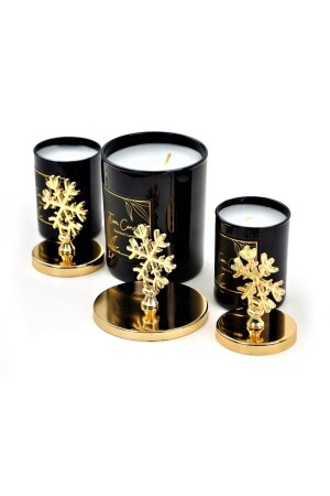 Set mit 3 schwarzen Tassenkerzen mit goldener Schneeflocke und dekorativer roter Geschenkbox - 3