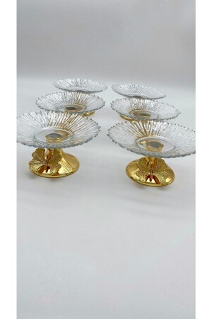 Set mit 6 13 cm großen goldenen Schmetterlings-Detailschalen aus Glas für türkische Köstlichkeiten, Präsentationsschalen, Zuckerdosen, Snackschalen mit Metallbeinen ayklcm022 - 6