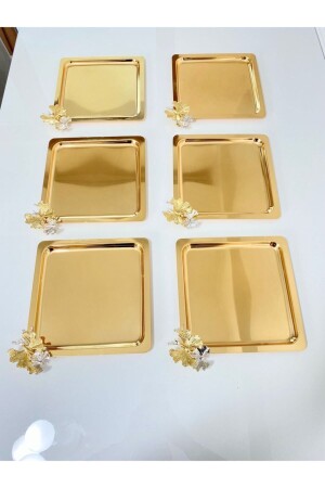 Set mit 6 luxuriösen quadratischen Edelstahl-Schmetterlings- und Gold-Titan-Servier-, Tee-, Kaffee-, Leckerei- und Präsentationstabletts KREKLBK6 - 1