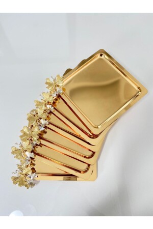 Set mit 6 luxuriösen, quadratischen goldenen Schmetterlings-Titanbeschichteten Serviertabletts für Tee, Kaffee und Leckereien MZKBK666 - 3