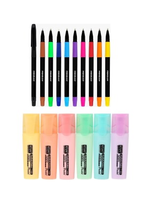 Set mit 6 Pastell-Textmarkern + Pensan 10-Farben-Kugelschreiber KPS01 - 1