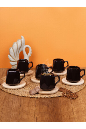 Set mit 6 schwarzen Prisma-Kaffeetassen mit Holzuntertasse EVMSPTTE2820216061 - 3