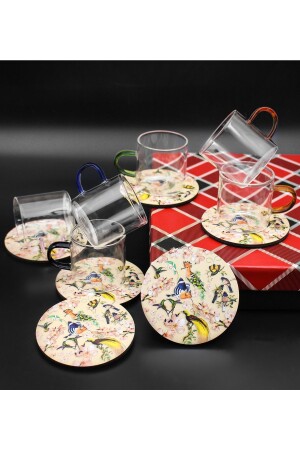 Set mit 6 türkischen Kaffeetassen aus hitzebeständigem Borosilikatglas mit Vogelmotiven und Untertassen, 12-teilige Tasse Vega50220 - 2