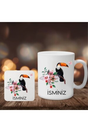 Set mit personalisiertem Namensaufdruck, Tukan-Vogel-Motiv, Tee-, Kaffeetasse und Pilz-Untersetzern FSGK1003 - 3