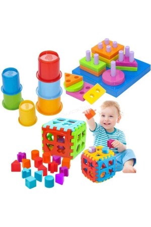 Sevimli Bardak Kule + Geometrik Şekiller Bulmaca + Eğitici Bul Tak Küp Bebek Duyu Oyuncakları - 1