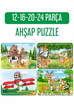 Sevimli Hayvanlar, Dinazorlar Ve Ayıcık Uçakta Ahşap 4'lü Puzzle Seti A41631 - 1