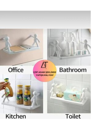 Sevimli İnsan Motifli Banyo Mutfak Ofis Baharat Rafı Kendinden Yapışkanlı Çöp Adam Rafı - 3