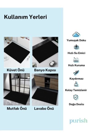 Sihirli Su Emici Banyo Paspası Kaymaz Tabanlı Abdest Paspası Siyah Renk - 7