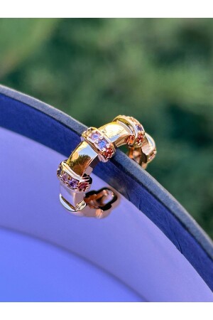 Sıkıştırmalı Gold Rose Gold Renk Çelik Taşlı Kadın Kıkırdak Küpe 2cm Hediye Sevgililer Günü - Bymerve