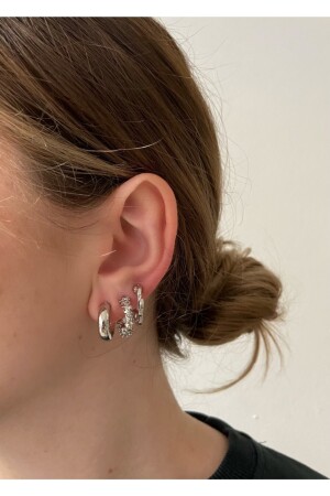 Silberfarbenes 6-teiliges Set aus Kette und flachen Ohrringen, Standard - 1