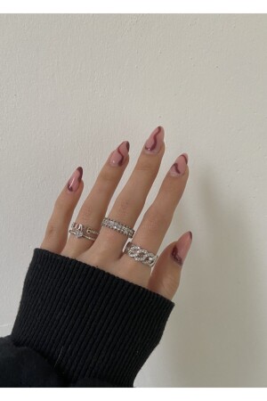 Silberfarbenes Love&chain 3-teiliges Ringset - 1