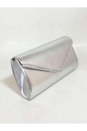 Silberne Damen-Abendtasche aus Kunstleder mit silbernem Steindetail 487 - dizaynbag