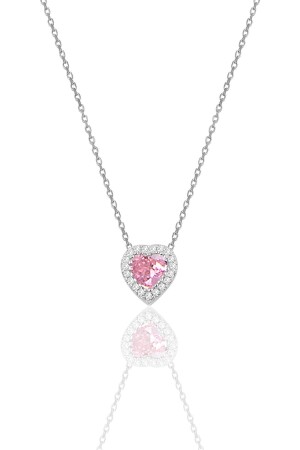 Silberne Rhodium-Diamant-Modell-Herz-Halskette mit rosa Zirkon-Stein - 1