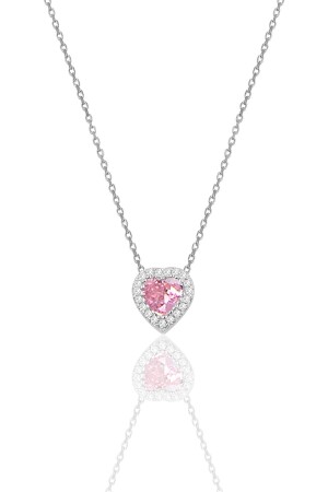 Silberne Rhodium-Diamant-Modell-Herz-Halskette mit rosa Zirkon-Stein - 1