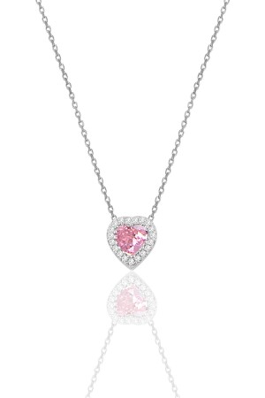 Silberne Rhodium-Diamant-Modell-Herz-Halskette mit rosa Zirkon-Stein - 2